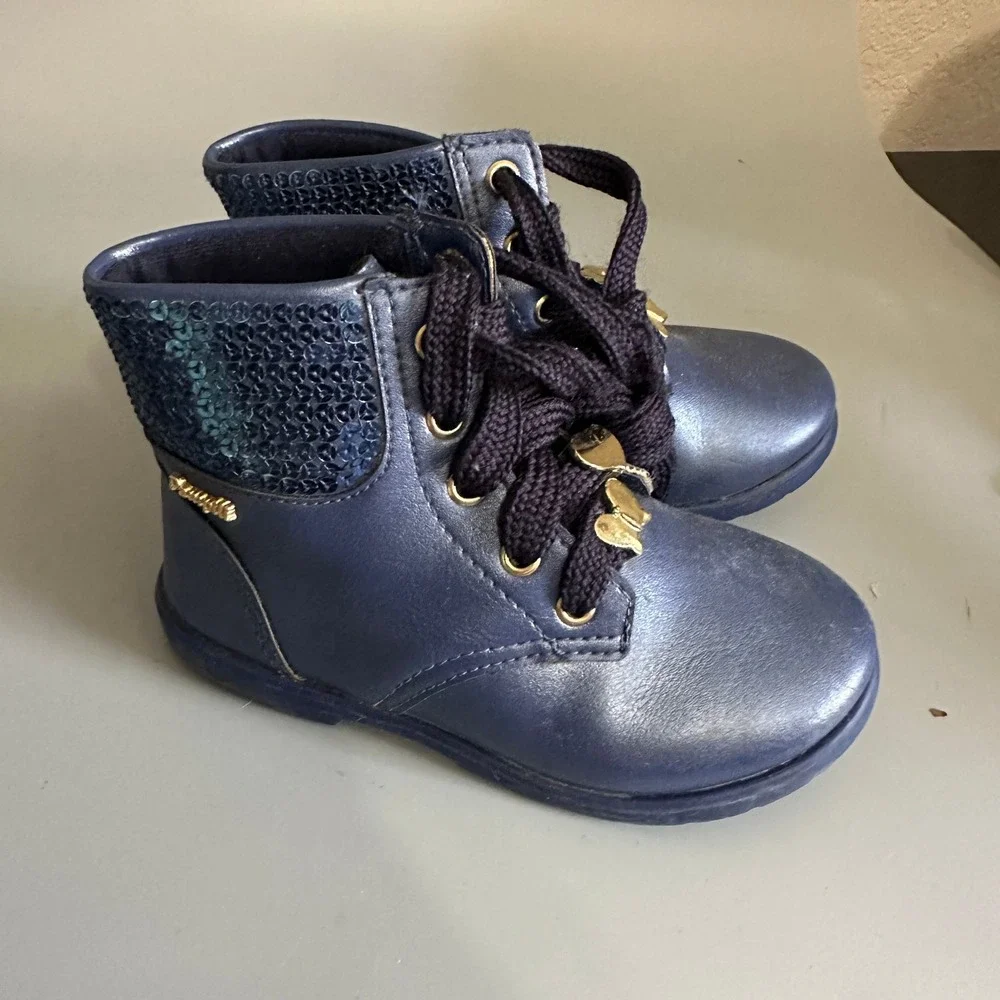 Pampili Girls Navy Blue Metallic‎ Sequin Lace Up Ankle Boots Gold Charms Zipper